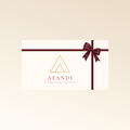 A gift card for AFANDI, featuring a cream background with a gold geometric logo and the brand name 'AFANDI' in dark red. The card is decorated with a dark red ribbon and bow on the right side, set against a light beige gradient background.