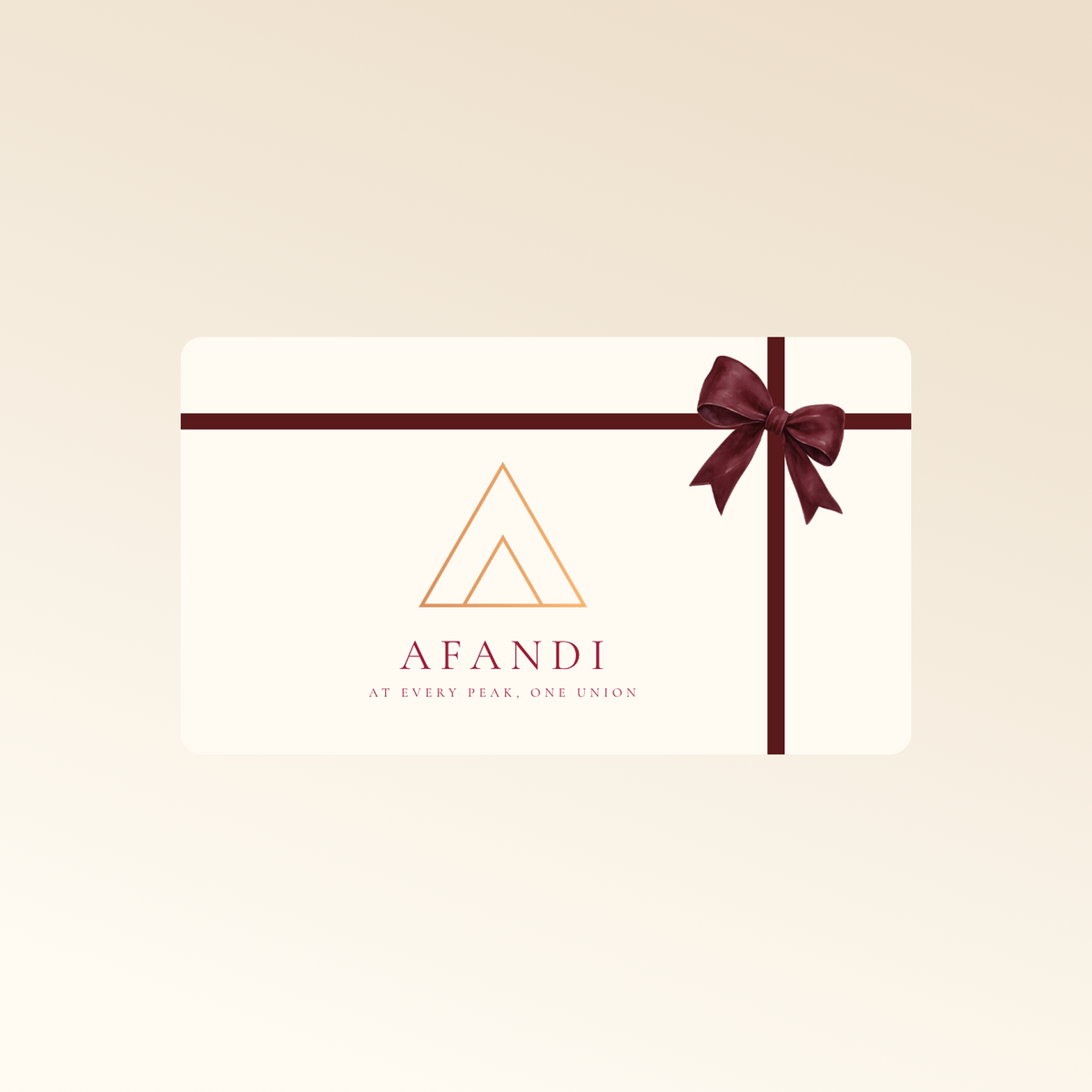 A gift card for AFANDI, featuring a cream background with a gold geometric logo and the brand name 'AFANDI' in dark red. The card is decorated with a dark red ribbon and bow on the right side, set against a light beige gradient background.