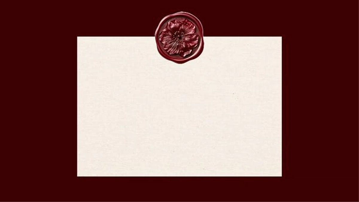 A cream-colored paper envelope or card centered on a dark burgundy background, sealed with a round embossed red wax seal at the top center.