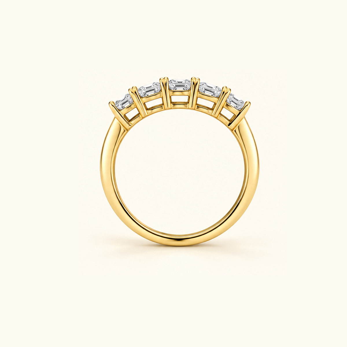 Edge view of Cadence, a five-stone band in 14K yellow gold with five emerald diamonds
variant: yellow-gold