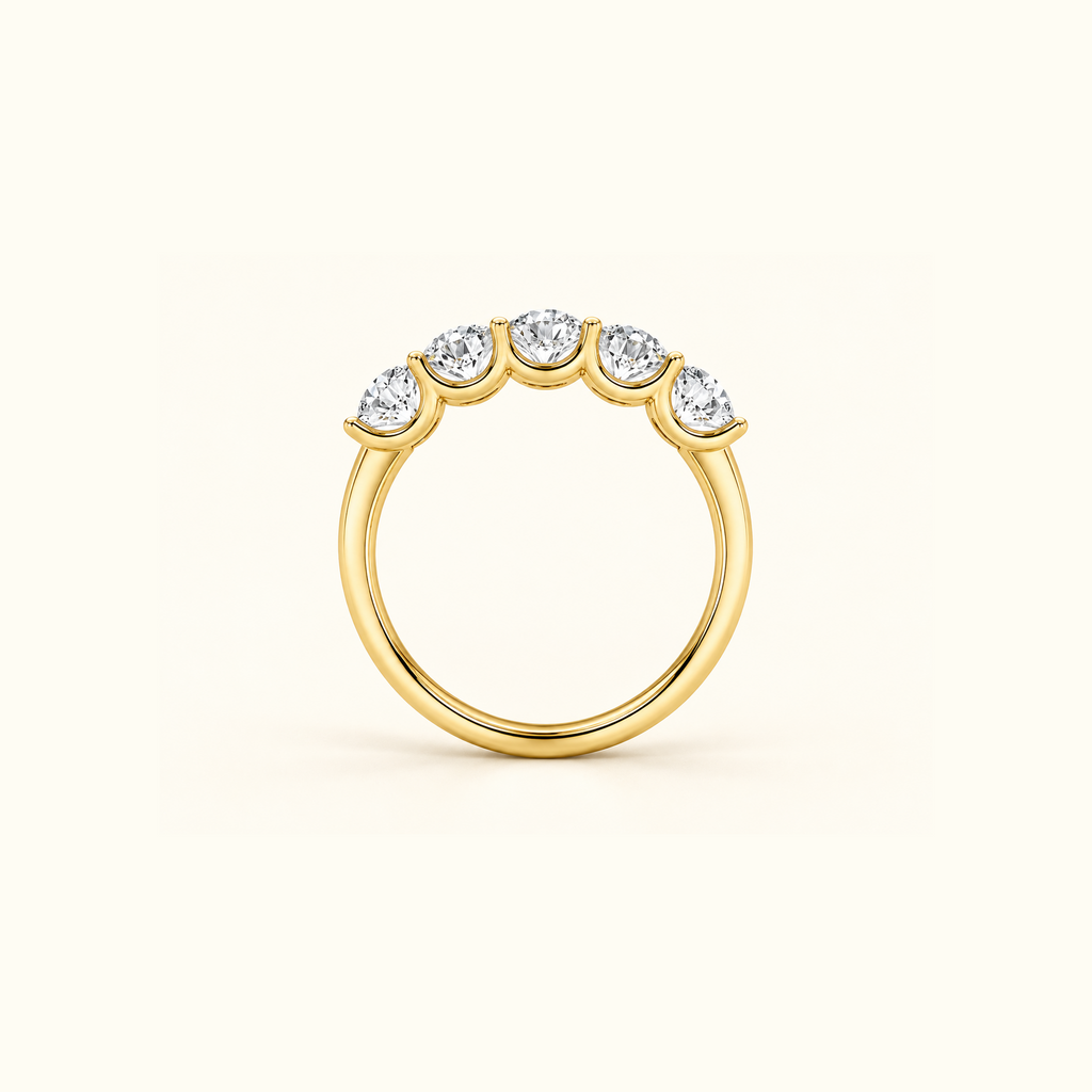 Edge view of Cadence, a five-stone band in 14K yellow gold with five round diamonds
variant: yellow-gold