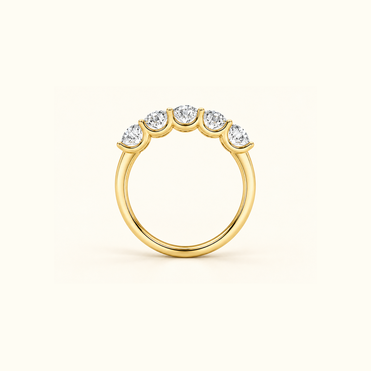 Edge view of Cadence, a five-stone band in 14K yellow gold with five round diamonds
variant: yellow-gold