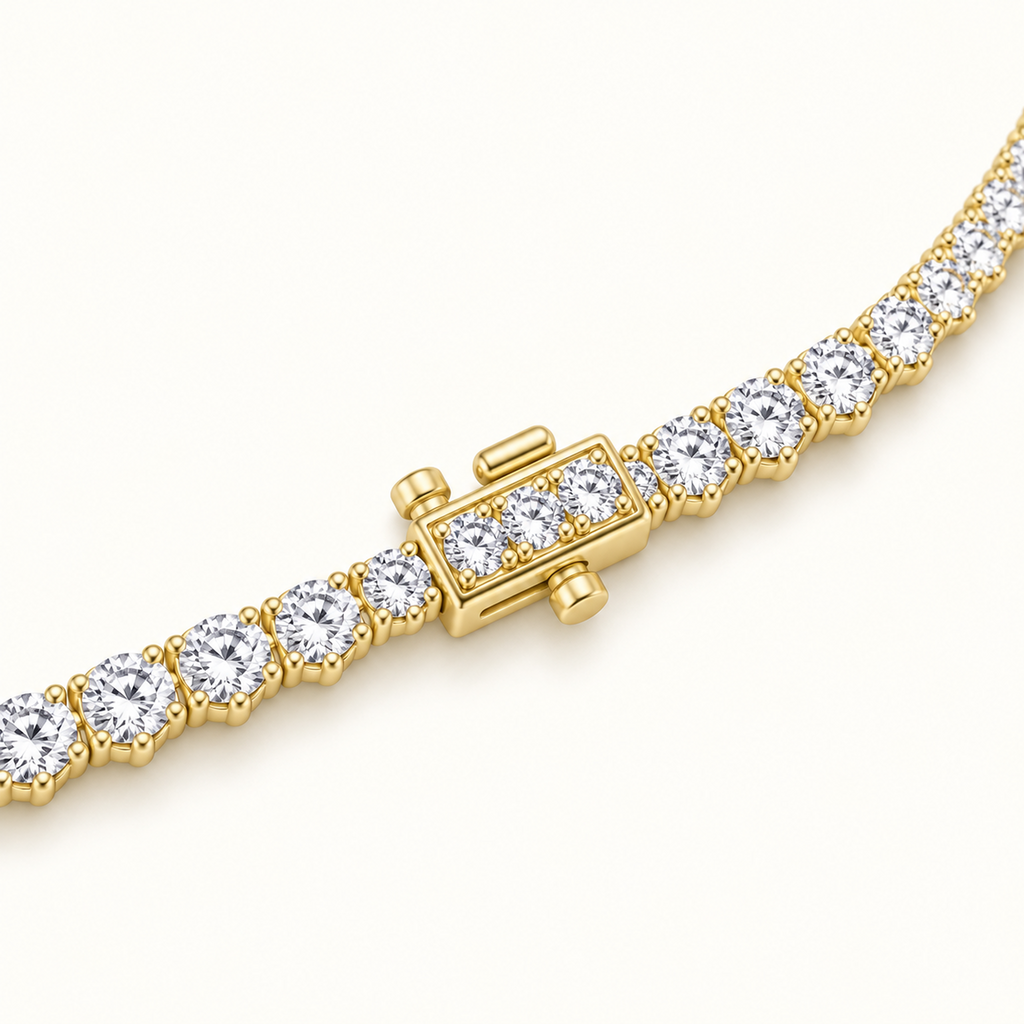 Close-up of the Cascade Tennis Necklace in 14K yellow gold, showing the prong-set diamonds and the box clasp
variant: yellow-gold