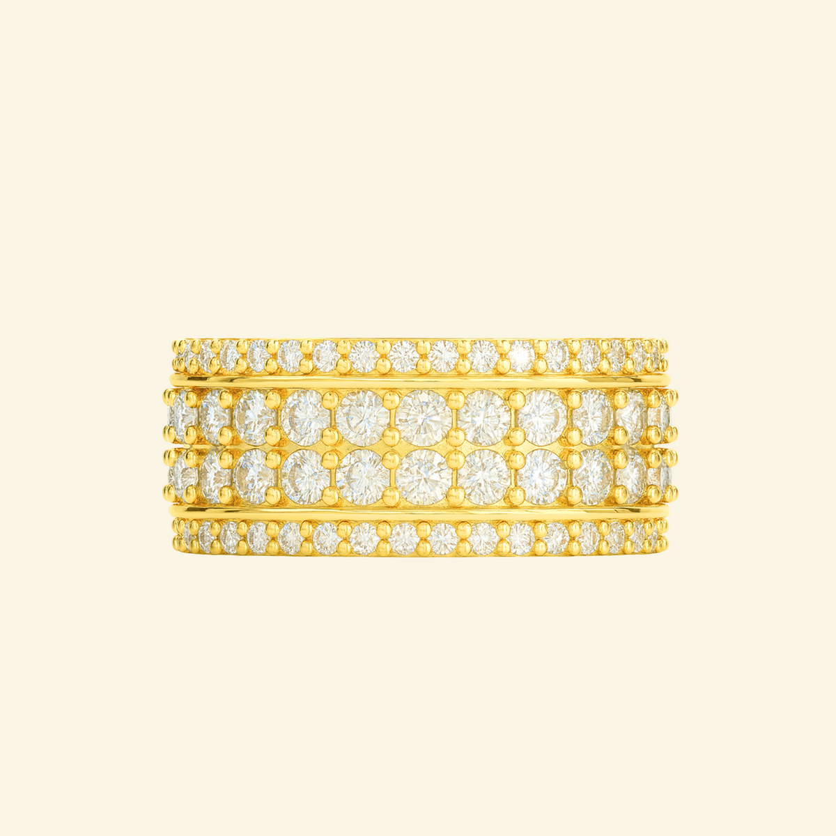 Cassian ring in yellow gold, a wide band with a center row of round diamonds framed by rows of pavé
variant: yellow-gold