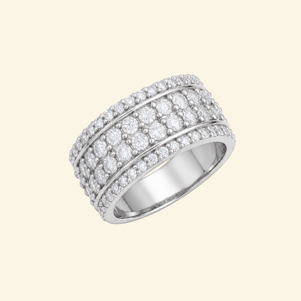 Cassian ring in silver shown at an angle, highlighting the wide diamond band and its depth
variant: silver
