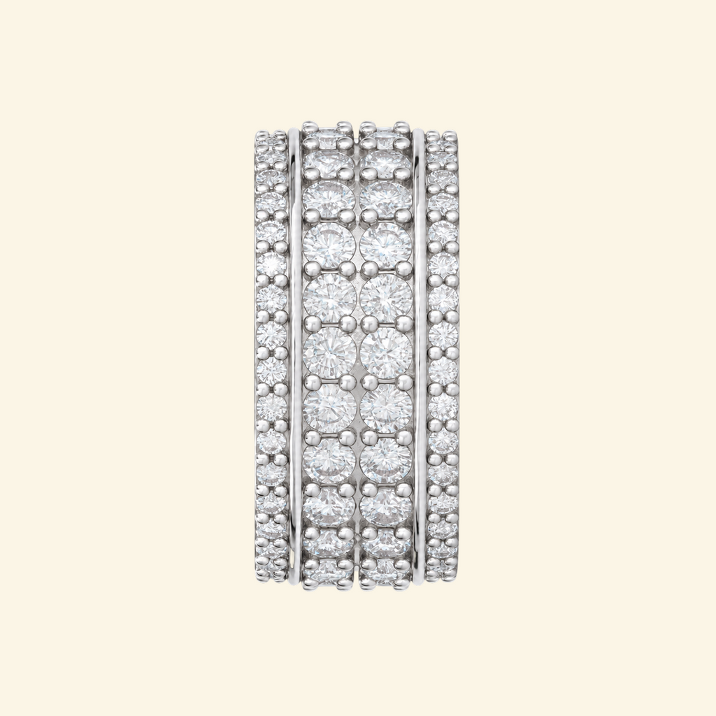 Side view of the Cassian ring in silver, showing rows of round diamonds across the full width of the band
variant: silver
