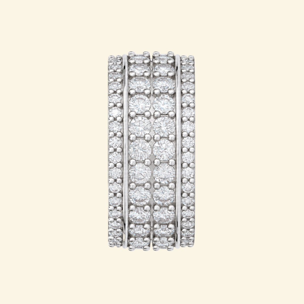 Side view of the Cassian ring in silver, showing rows of round diamonds across the full width of the band
variant: silver