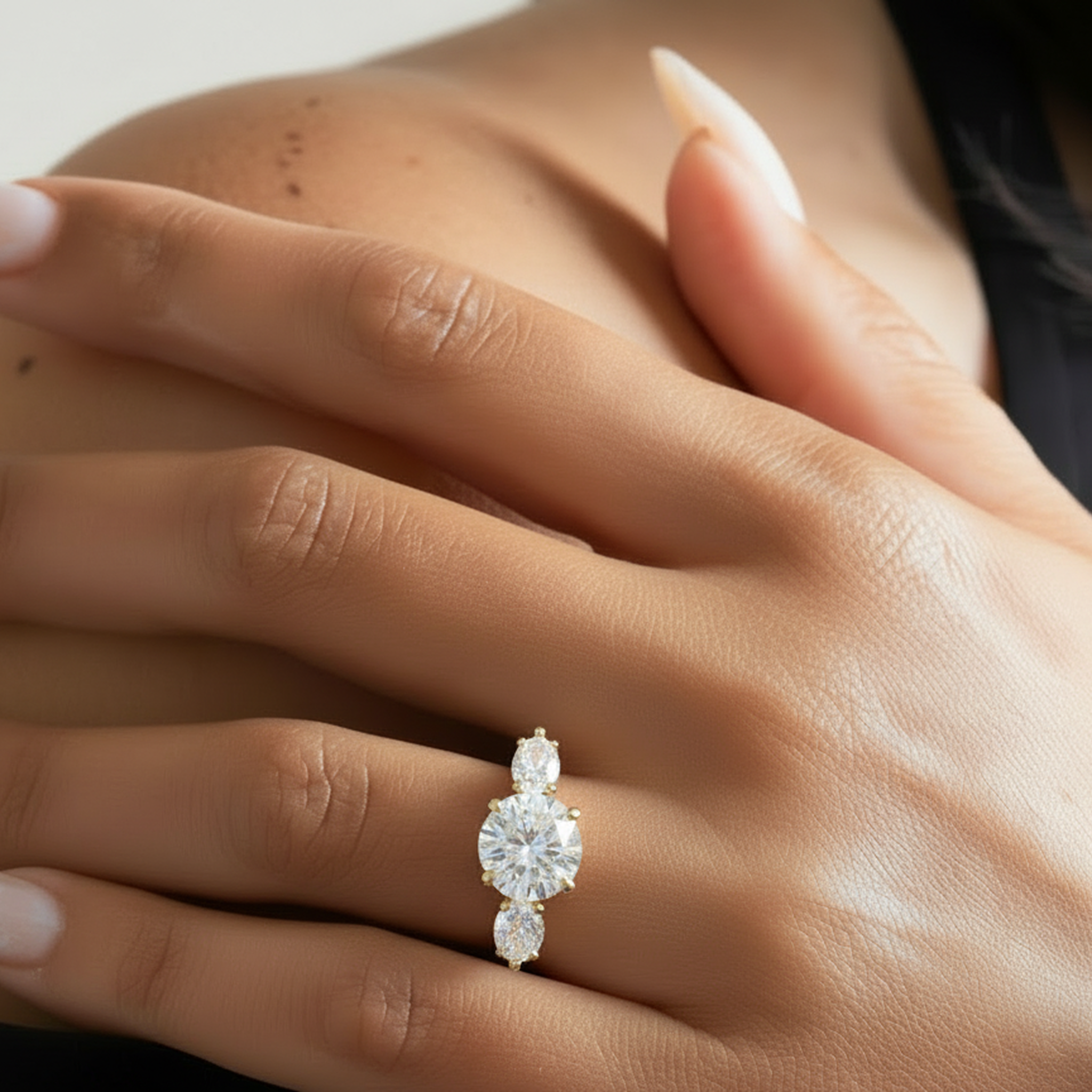 A close-up of a hand wearing Celia ring in gold with a large round brilliant-cut center stone and smaller marquise-cut side 
stone

variant: yellow-gold