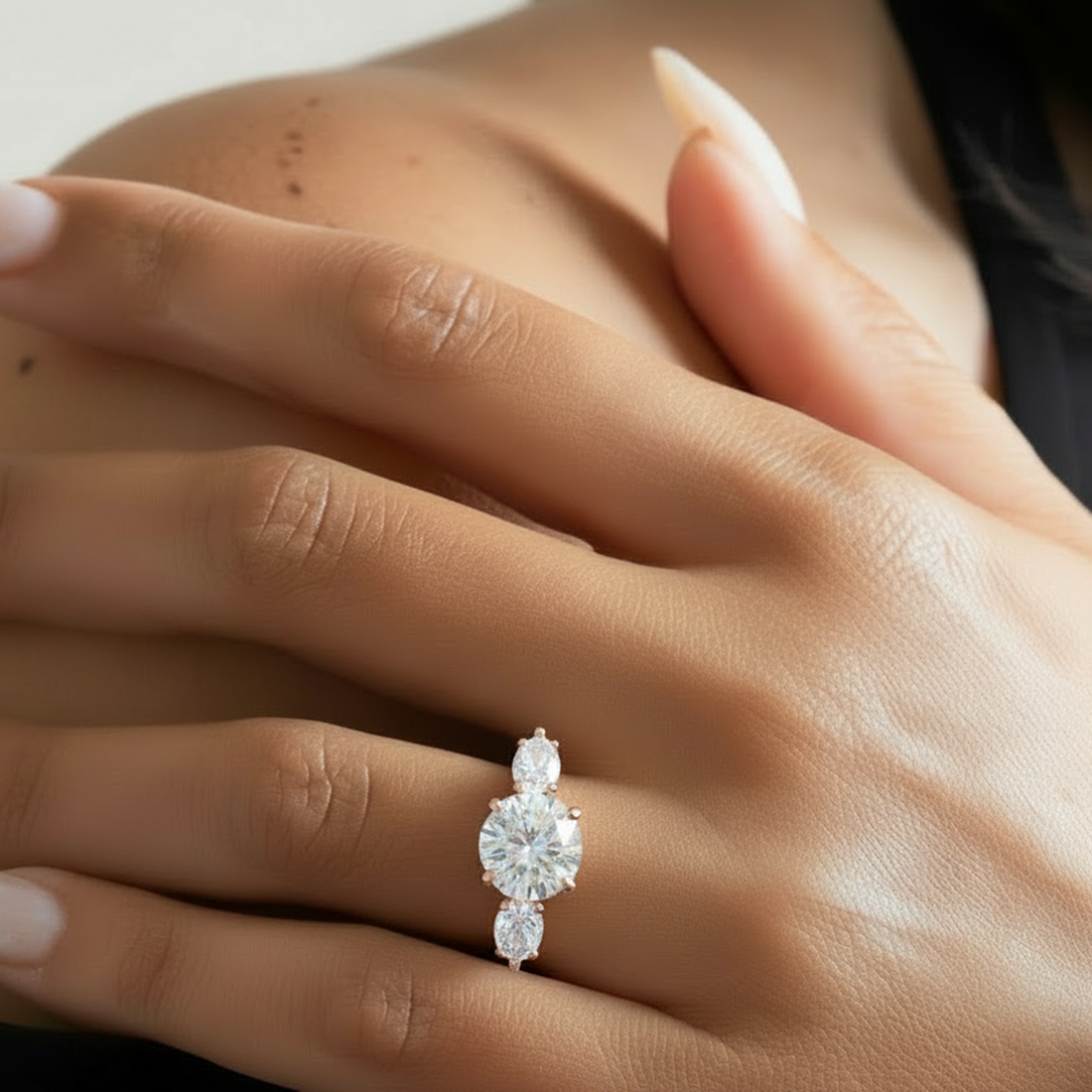 A close-up of a hand wearing Celia ring in rose gold with a large round brilliant-cut center stone and smaller marquise-cut side stones.

variant: rose gold