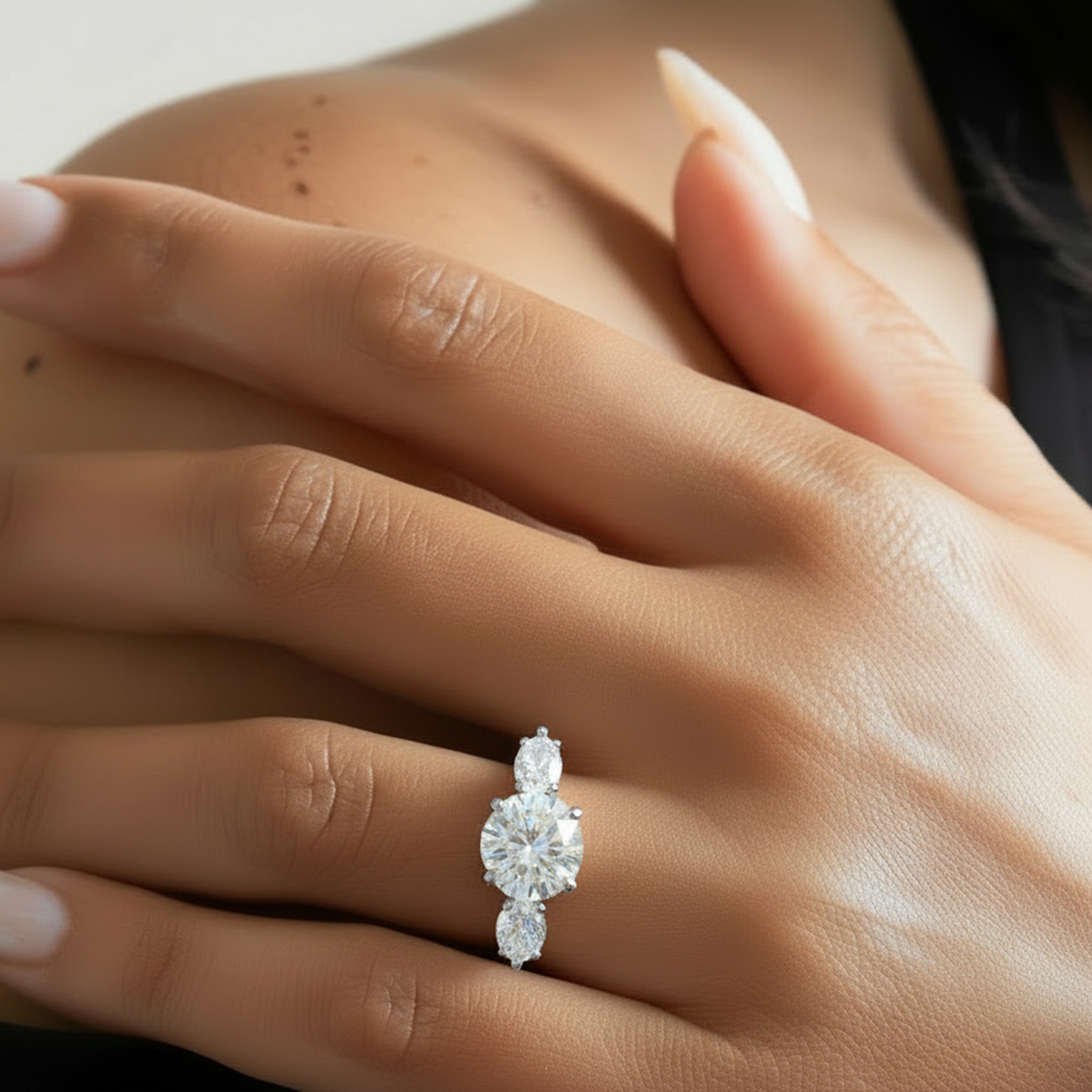 A close-up of a hand wearing Celia ring in silver or platinum with three clear gemstones in a vertical cluster setting.

variant: silver