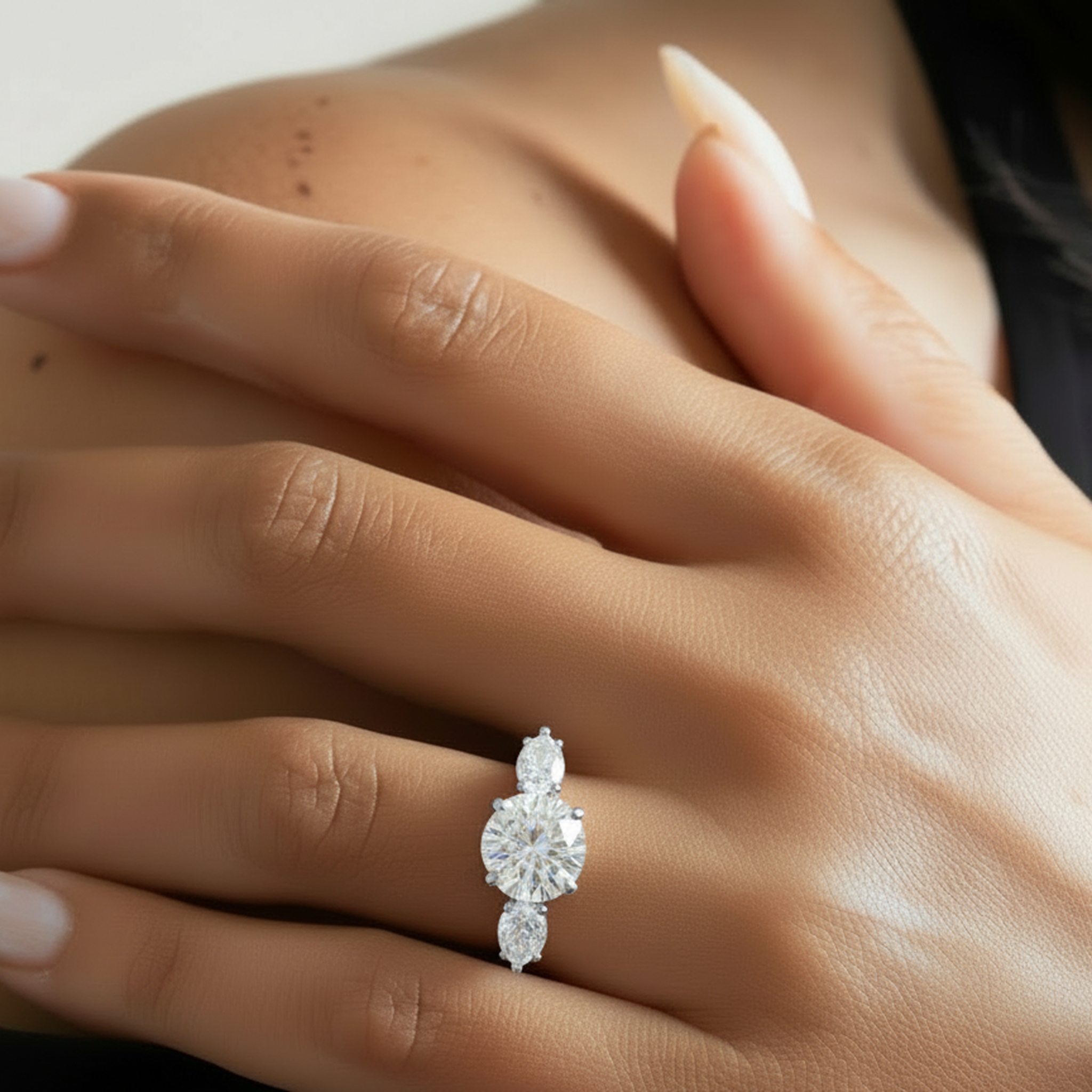Celia Ring in white gold, a three-stone ring with a round center diamond and round side stones, worn on a hand resting on the shoulder.

variant: white-gold