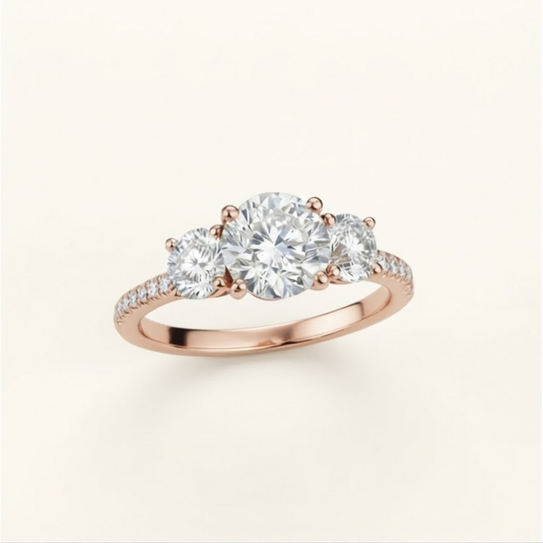 Celia in rose gold, a three-stone diamond engagement ring with a large center round diamond and two smaller round diamonds on the shoulders, accented by pavé diamonds on the band, set against a warm off-white background.

variant: rose-gold