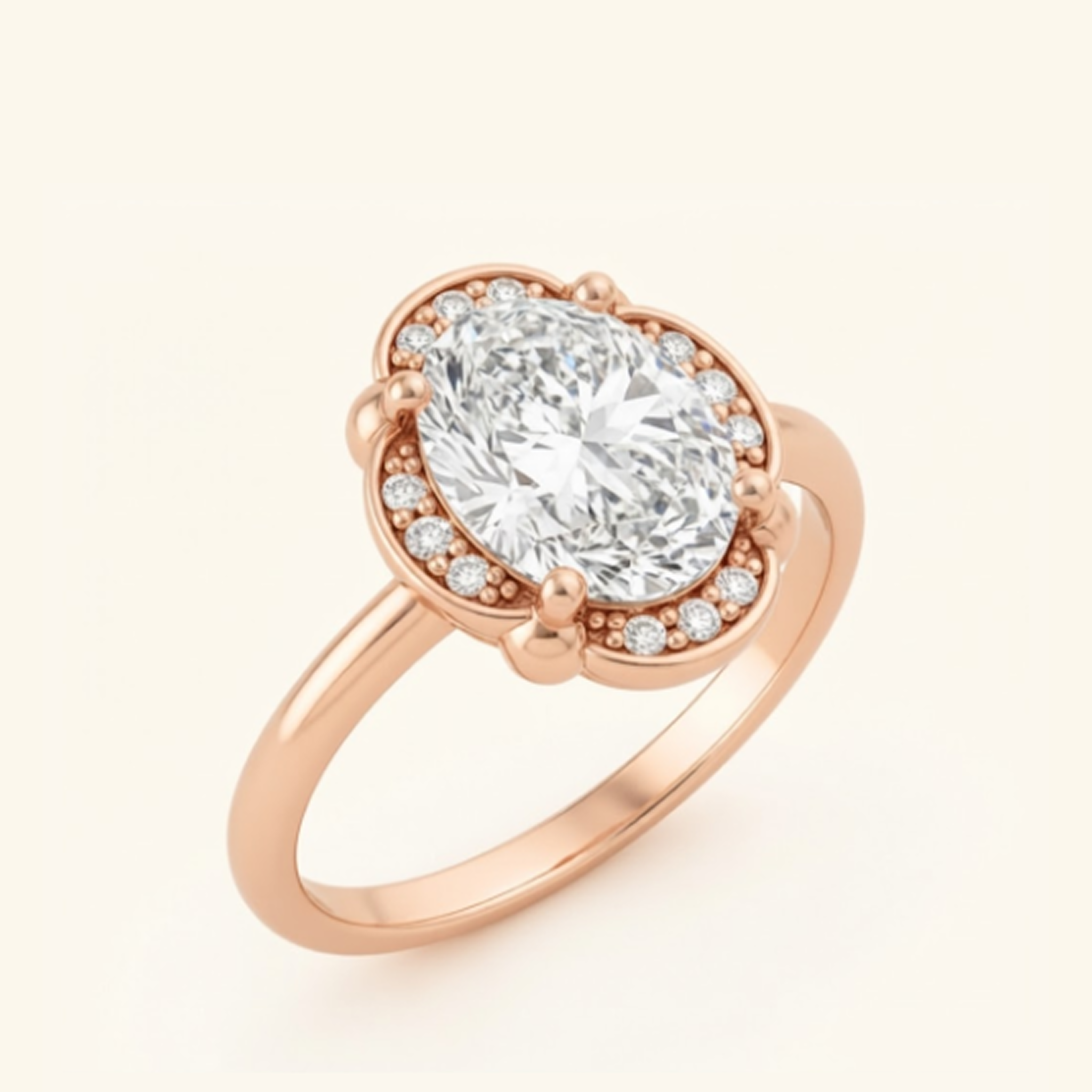 Elise Ring in rose gold at an angle, showing the oval center diamond, scalloped diamond halo, and slim polished band.

variant: rose-gold