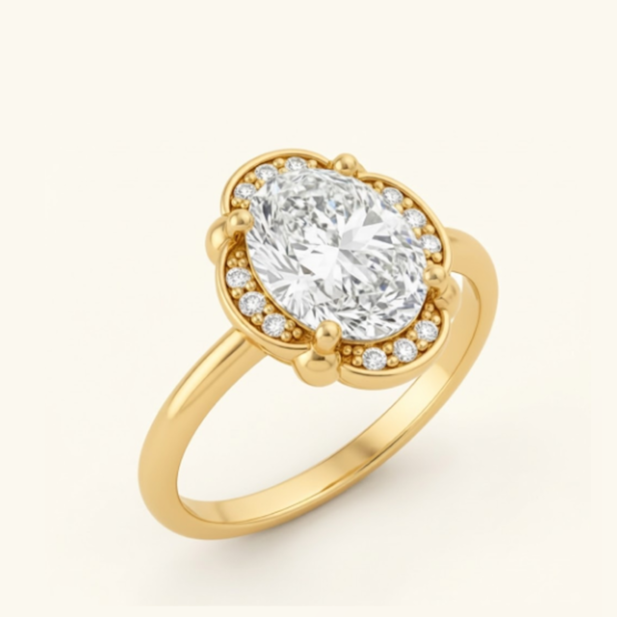 Elise Ring in yellow gold at an angle, showing the oval center diamond, scalloped diamond halo, and slim polished band.

variant: yellow-gold