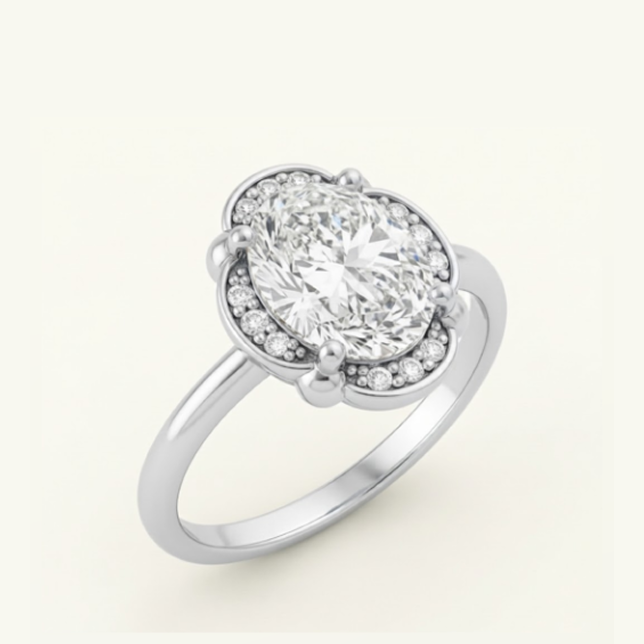 Elise Ring in white gold at an angle, showing the oval center diamond, scalloped diamond halo, and slim polished band.

variant: white-gold