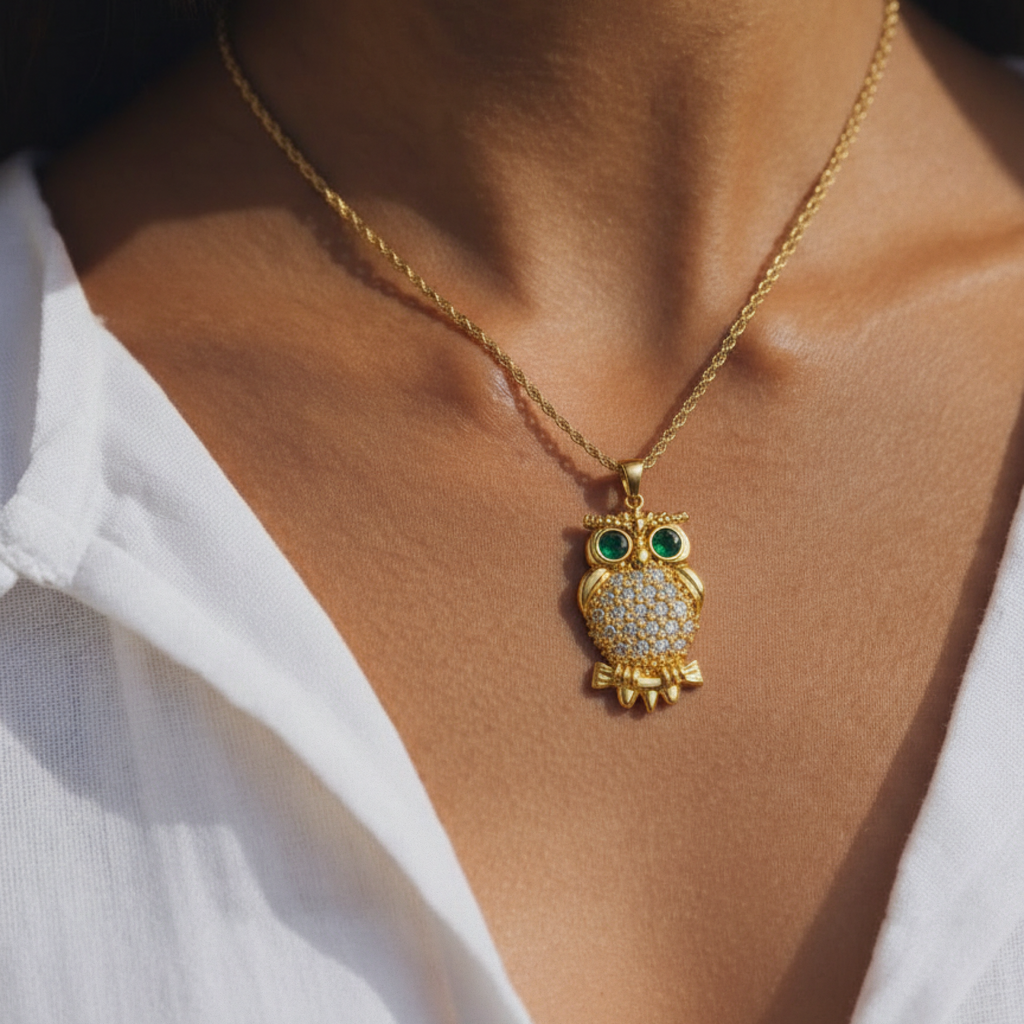 Elowen Necklace in yellow gold, an owl pendant with green stone eyes, worn at the collarbone with an open white linen shirt.
variant: yellow-gold