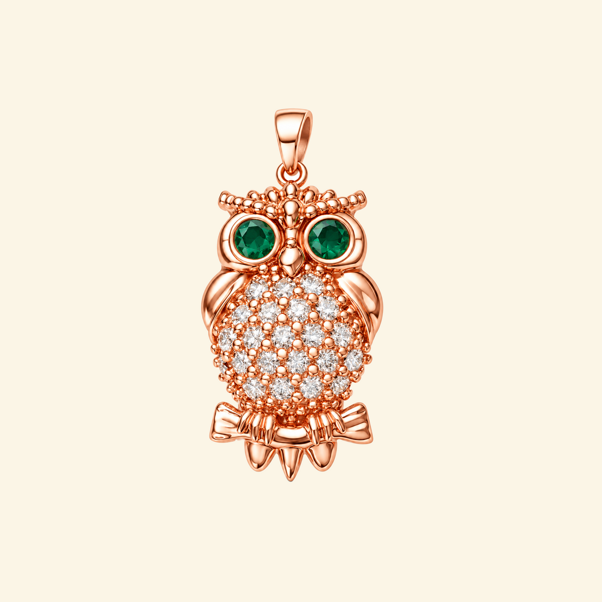 Close-up of the Elowen pendant in rose gold, an owl with green stone eyes, a pavé-set body, and beaded detailing.
variant: rose-gold