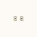 Everly bezel stud in yellow gold with an emerald-cut diamond, shown from the front and side to reveal the post and butterfly back