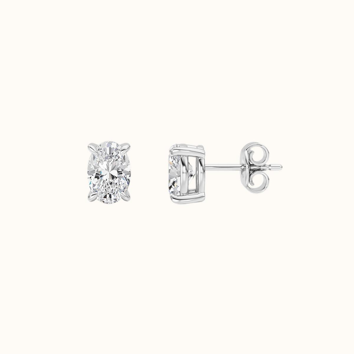 Side view of an Everly oval diamond stud in 14K white gold showing the four-prong setting, post and back
variant: white-gold