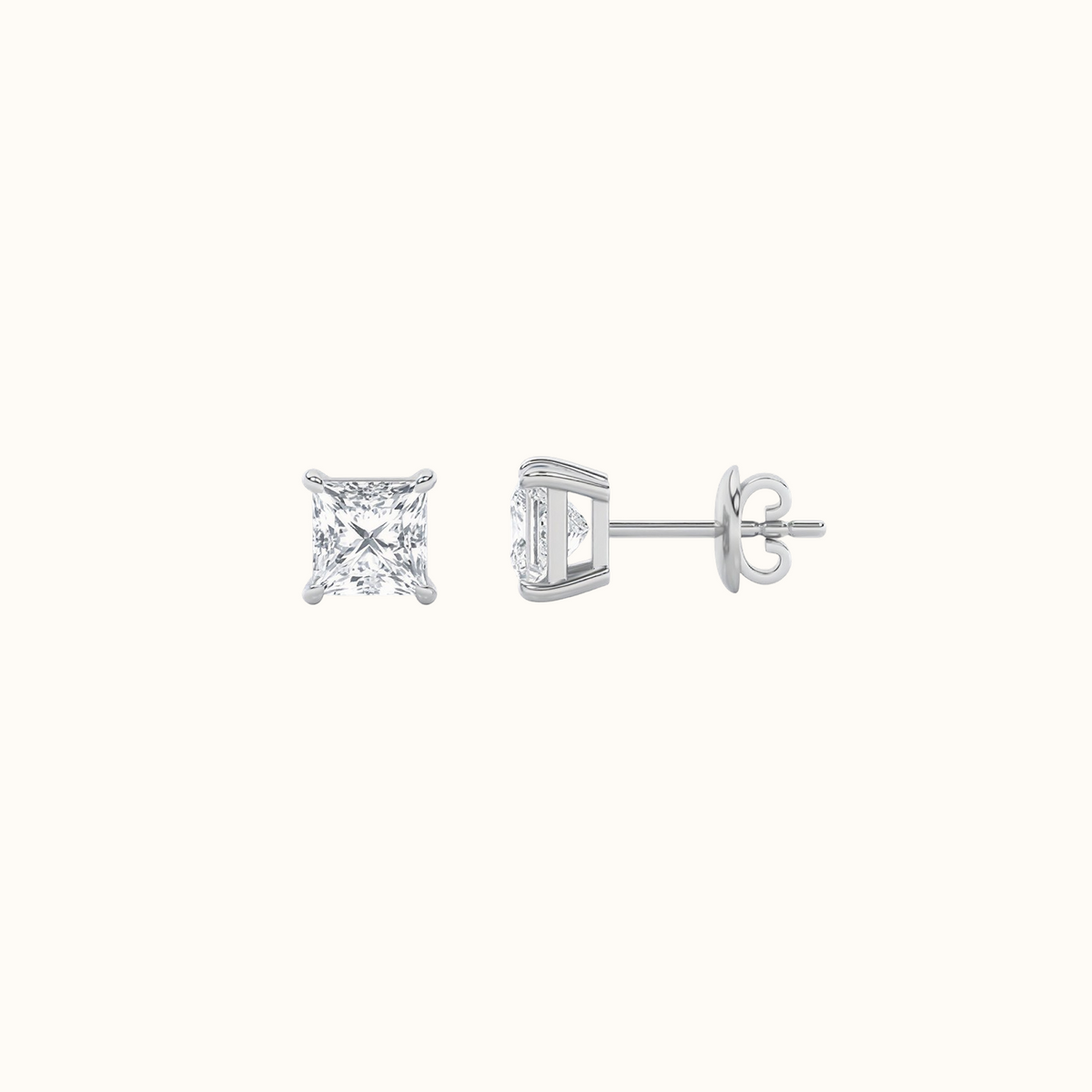 Side view of an Everly princess-cut diamond stud showing the prong setting, post and back