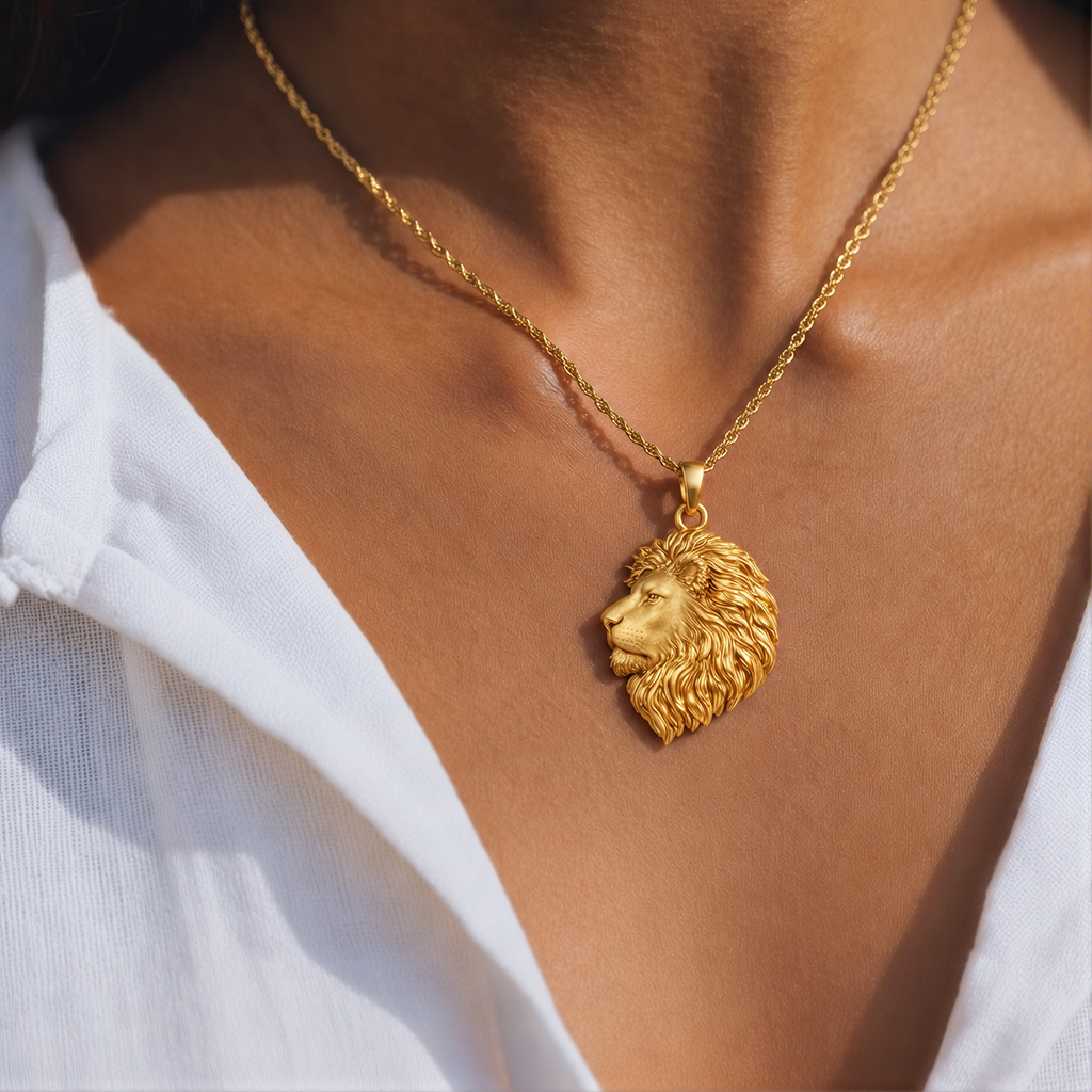 Leo Necklace in yellow gold, a sculpted lion head pendant, worn at the collarbone with an open white linen shirt.
variant: yellow-gold