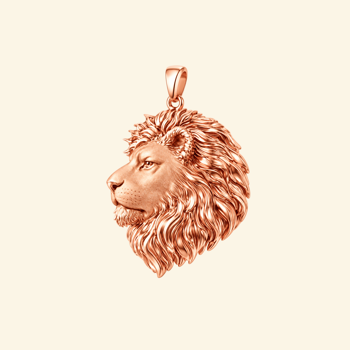 Close-up of the Leo pendant in rose gold, a sculpted lion head in profile with a detailed flowing mane.
variant: rose-gold