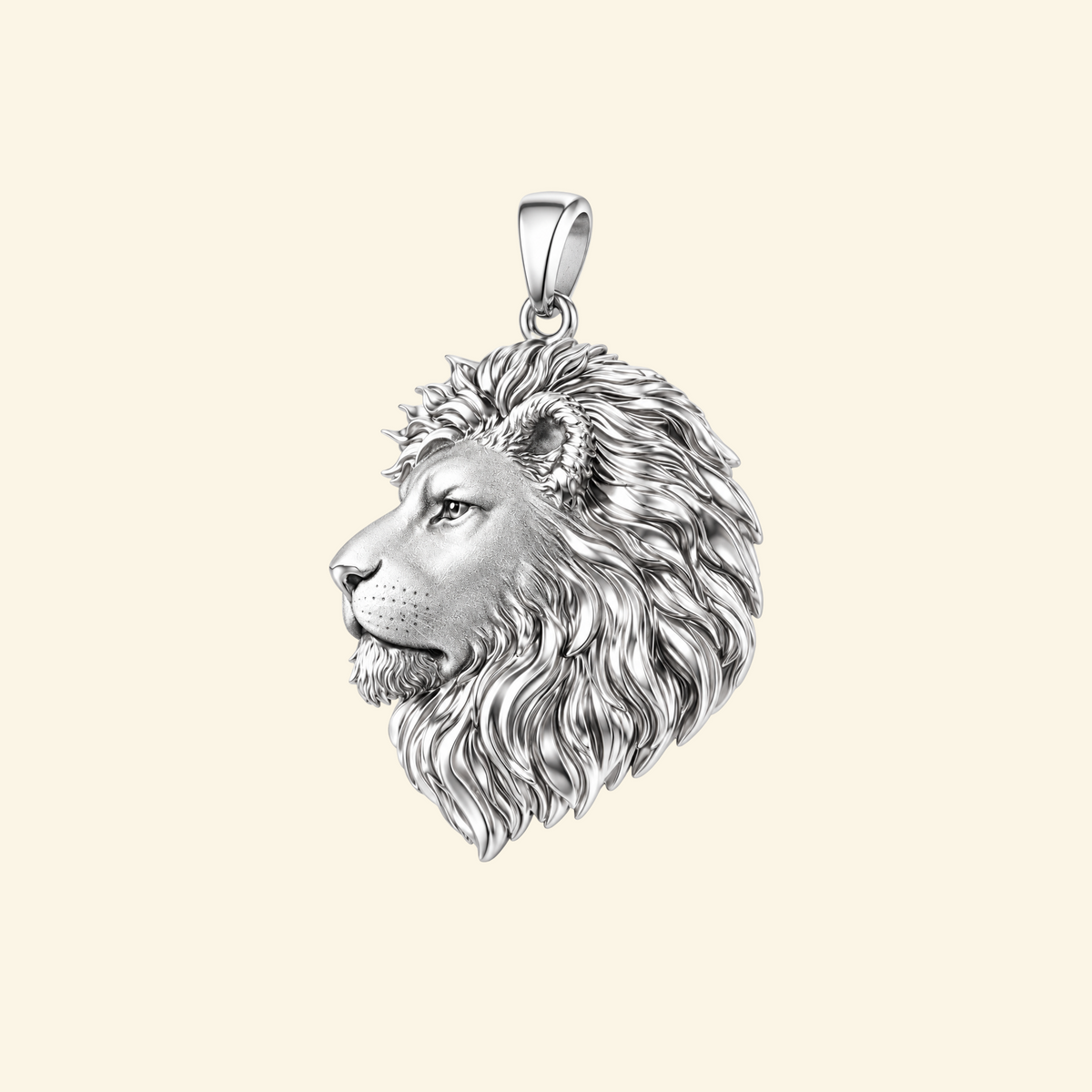 Close-up of the Leo pendant in silver, a sculpted lion head in profile with a detailed flowing mane.
variant: silver