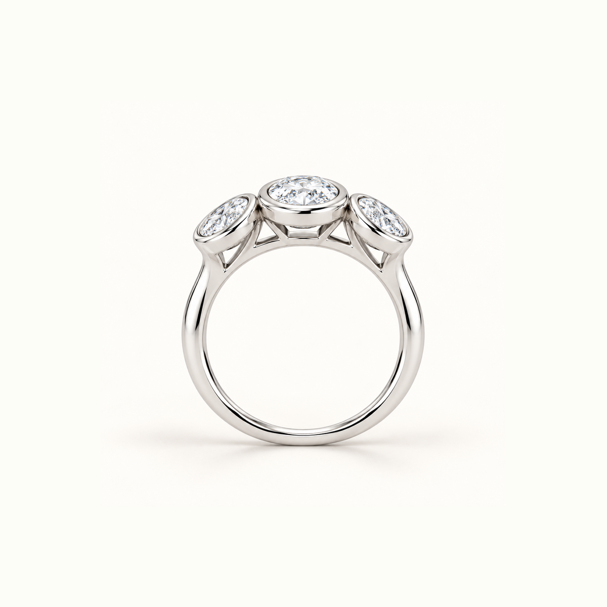 Luna Dome Ring in 14K white gold standing upright, showing the polished band and three oval stones
variant: white-gold
