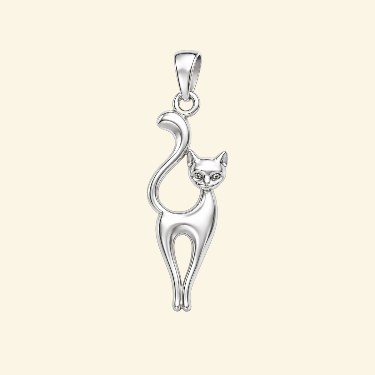Close-up of the Mila pendant in silver, a sleek open-outline cat with a curving tail and polished finish.
variant: silver