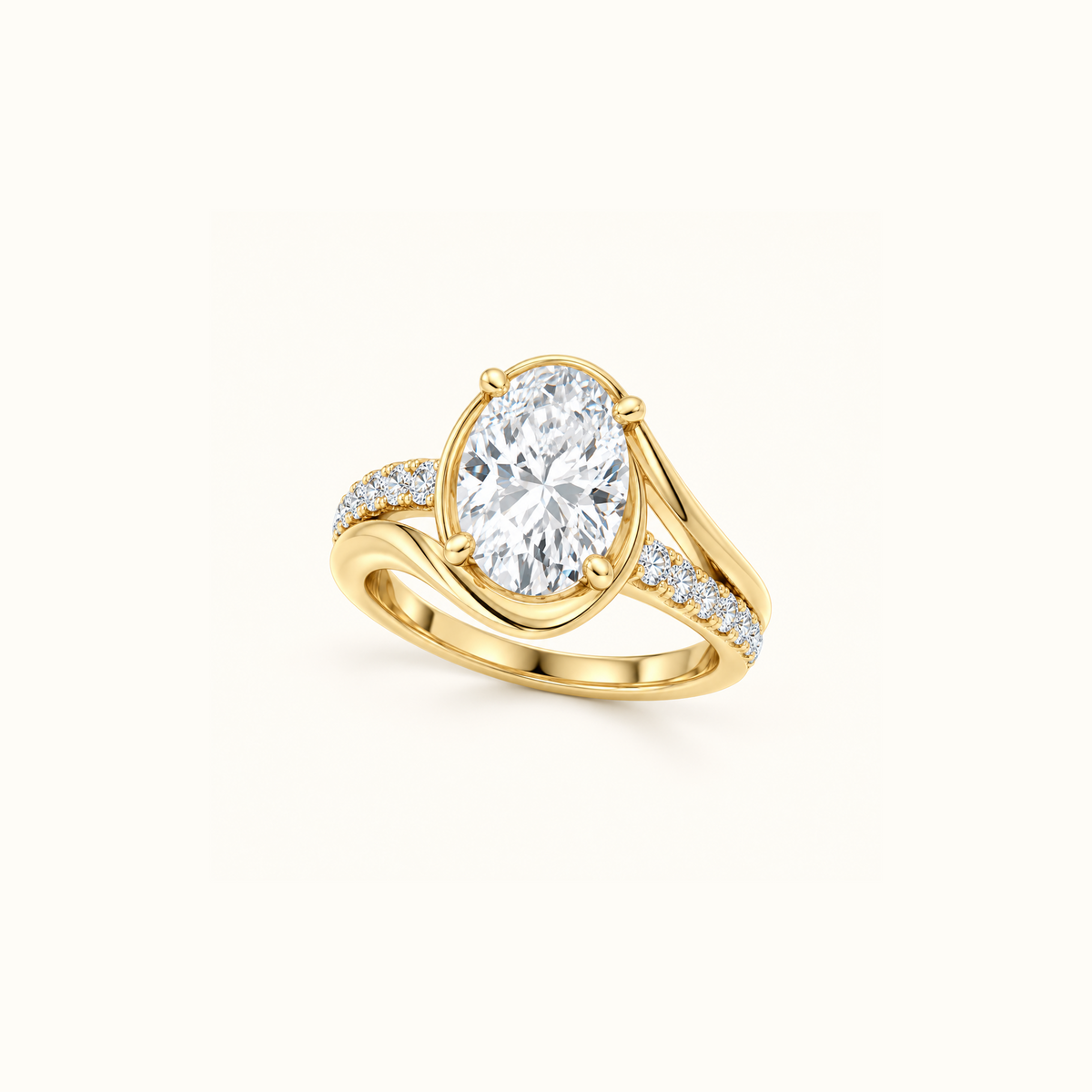 Odette Oval engagement ring in 14K yellow gold at an angle, showing the pavé shoulder sweeping toward the oval center
variant: yellow-gold