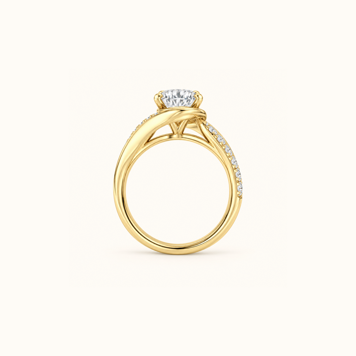 Odette Oval engagement ring in 14K yellow gold standing upright, showing the bypass band curving to meet the stone
variant: yellow-gold