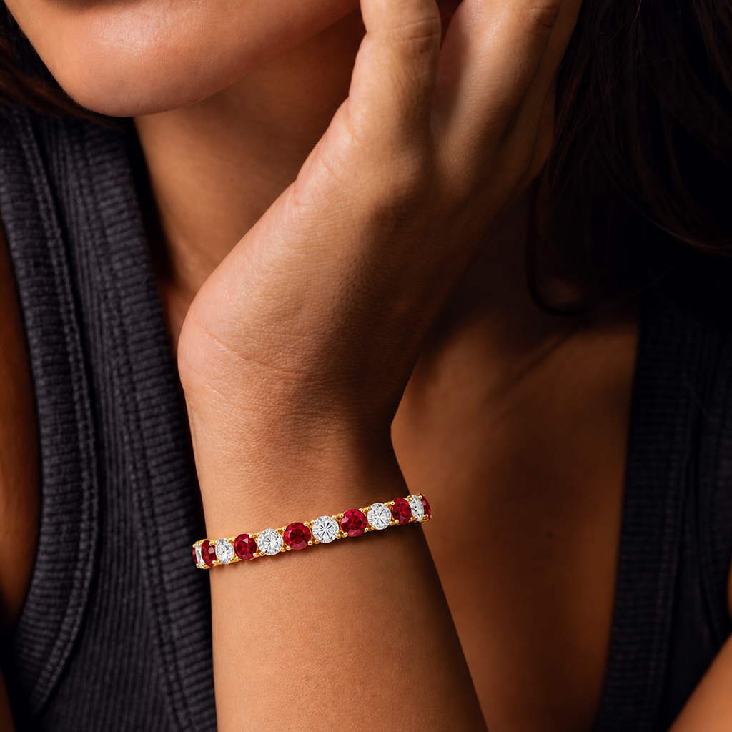 Prism Tennis Bracelet worn on the wrist, a line of lab-created rubies and diamonds
variant: ruby