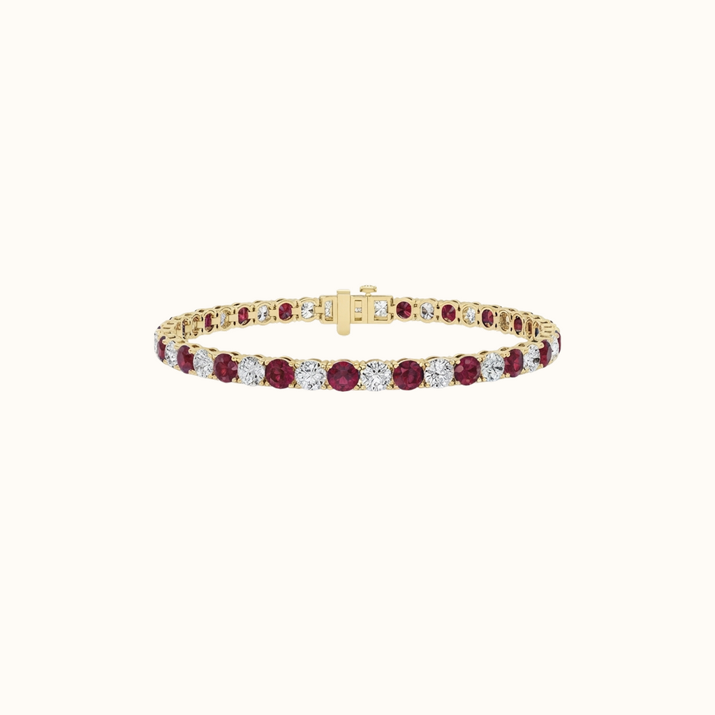 Prism Tennis Bracelet in 14K yellow gold, round lab diamonds alternating with lab-created rubies, fastened with a box clasp
variant: ruby