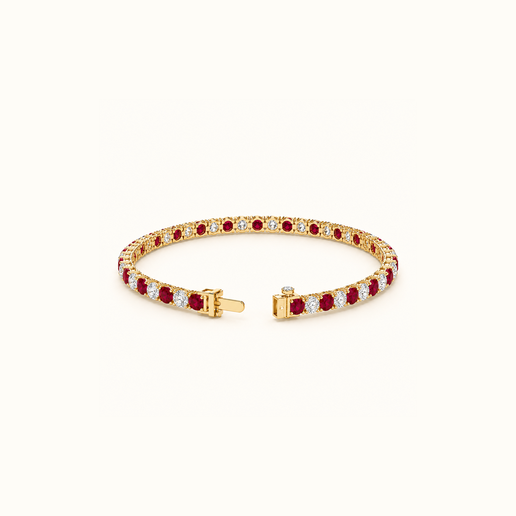 Prism Tennis Bracelet in 14K yellow gold, laid open to show the alternating lab-created rubies and round lab diamonds
variant: ruby