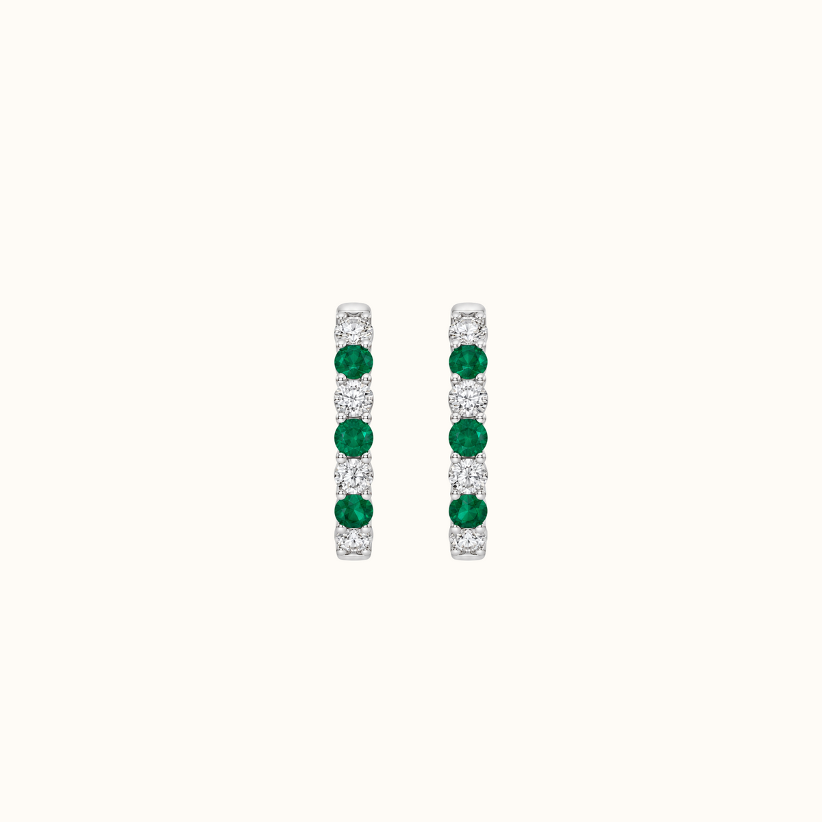 Prism Hoops in 14K white gold, inside-out hoops with round lab diamonds alternating with lab-created emerald
variant: emerald