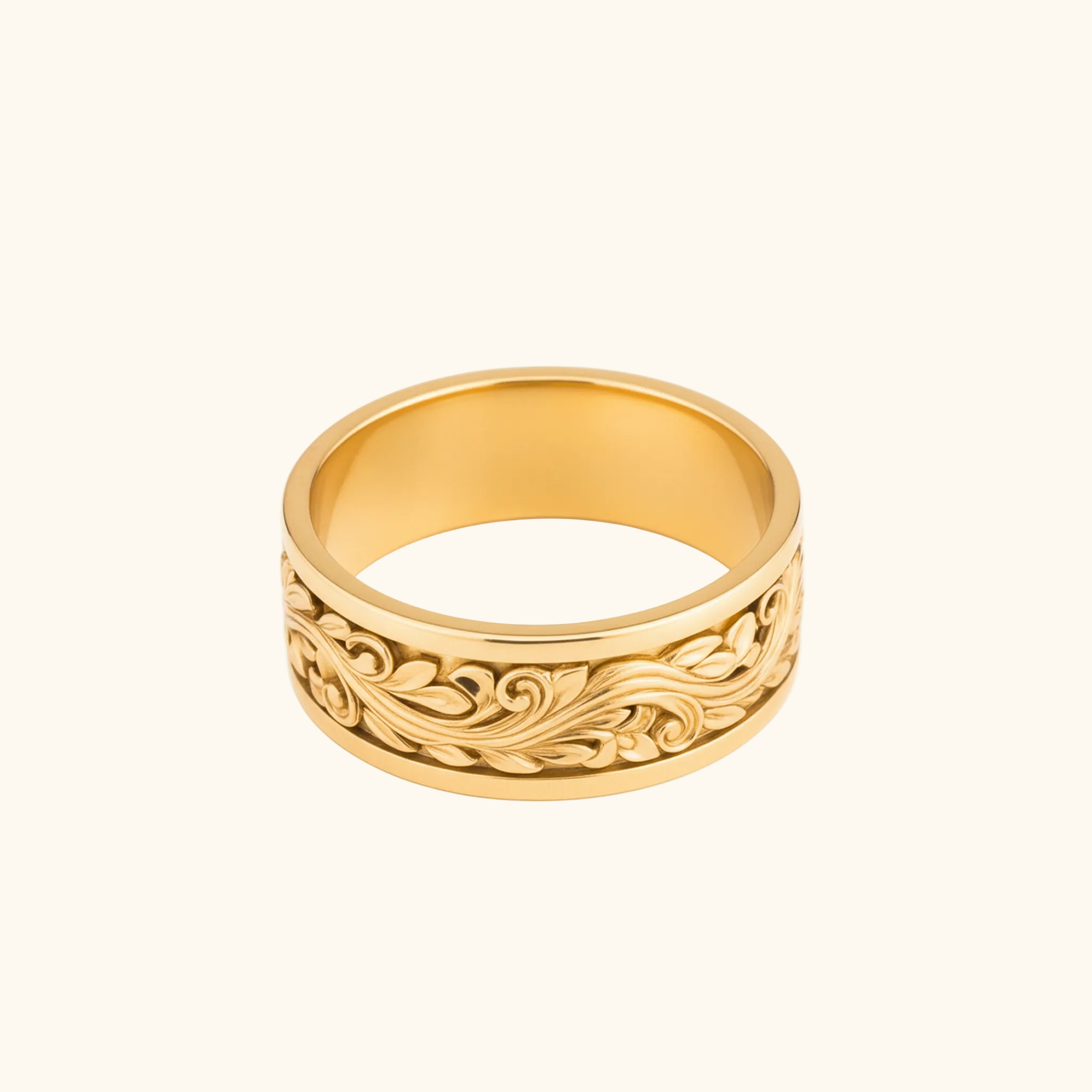 Verona gold band ring featuring an intricate, raised floral scrollwork pattern around the outer edge, shown on a plain white background.

variant: yellow-gold