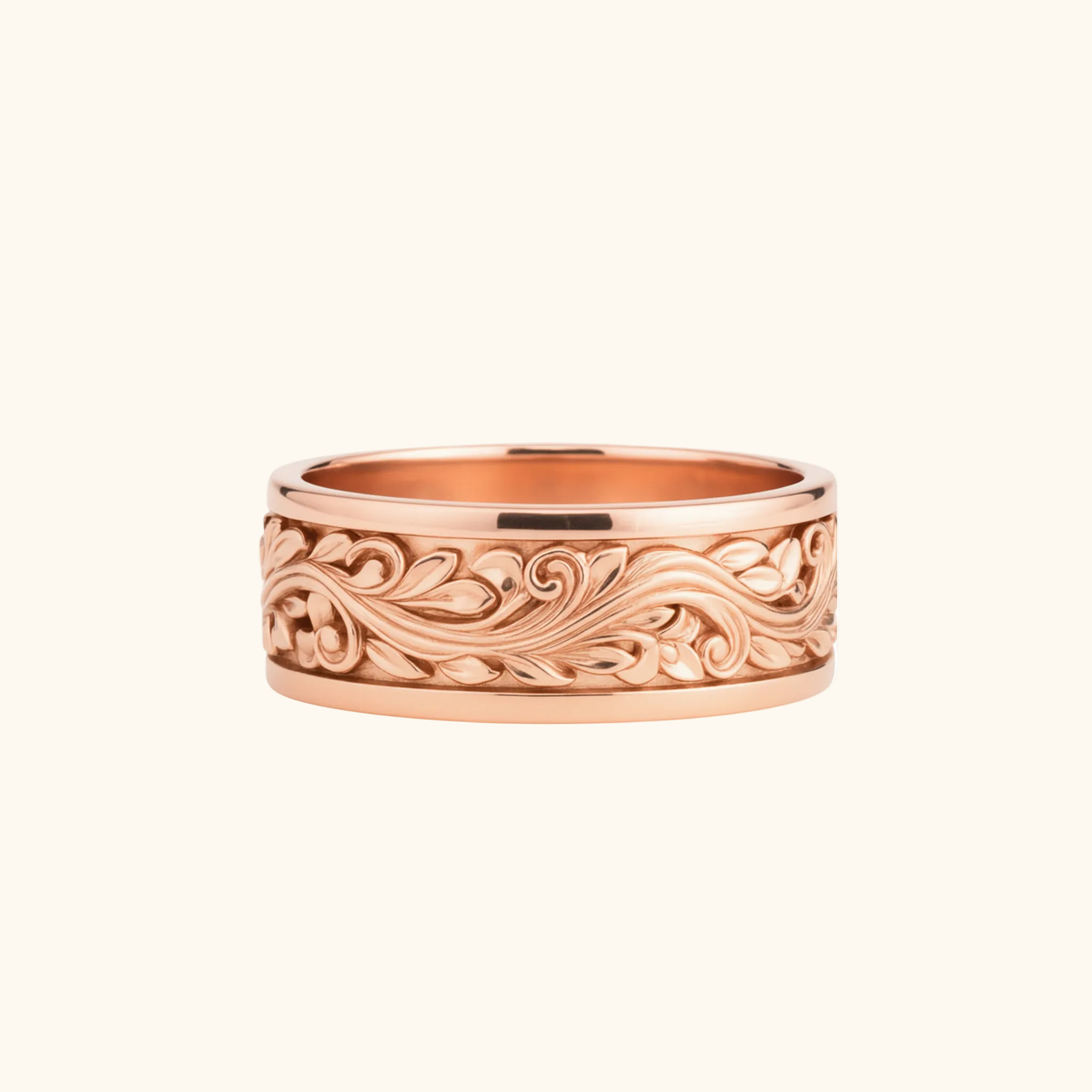 Verona rose gold band ring with an intricate, raised floral scrollwork pattern, shown on a plain white background.

variant: rose-gold