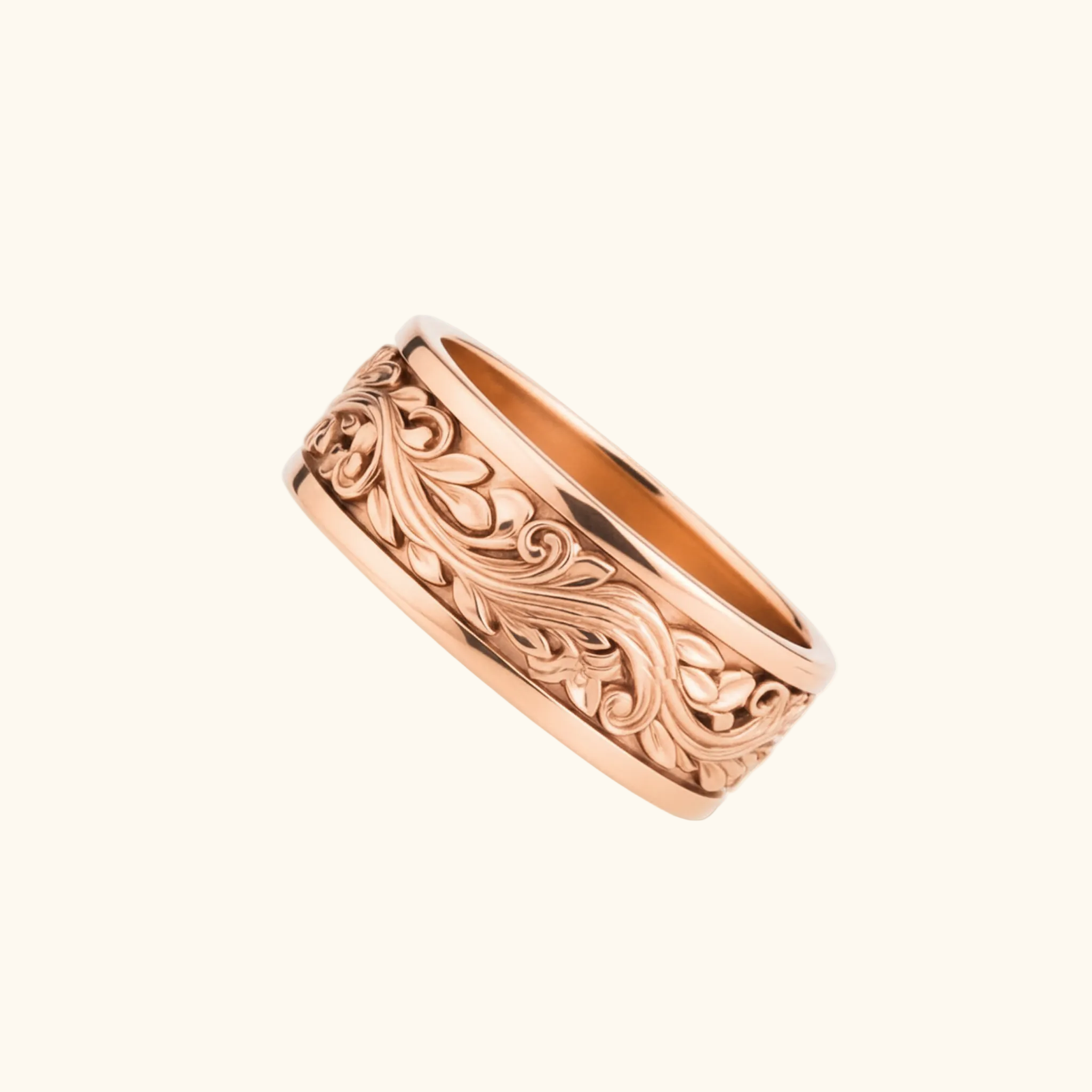 Verona rose gold band with an ornate, engraved floral and scroll pattern, shown at an angle on a clean white background.

variant: rose-gold
