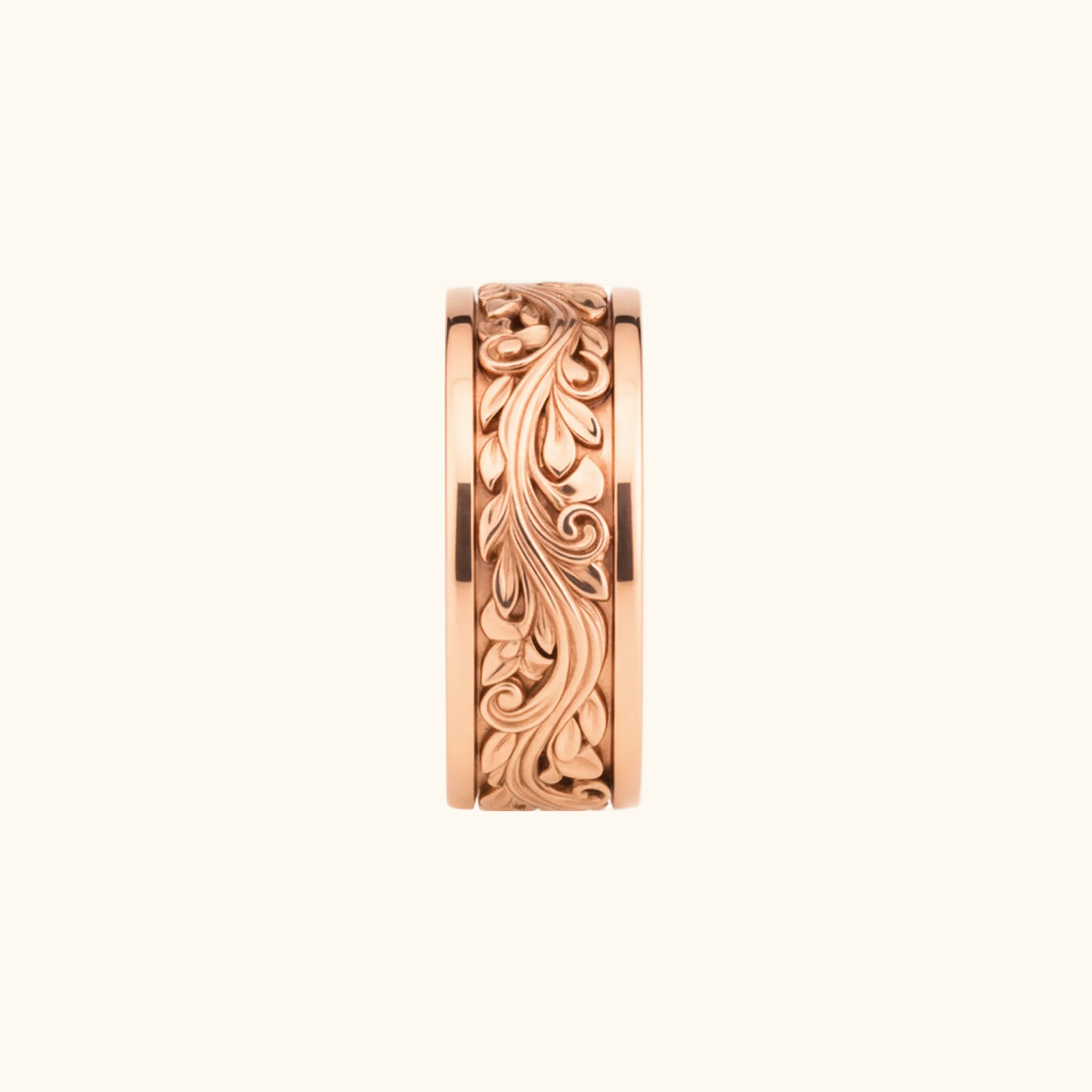 Verona band in rose gold with an intricate, raised floral scrollwork pattern, shown against a plain white background.

variant: rose-gold