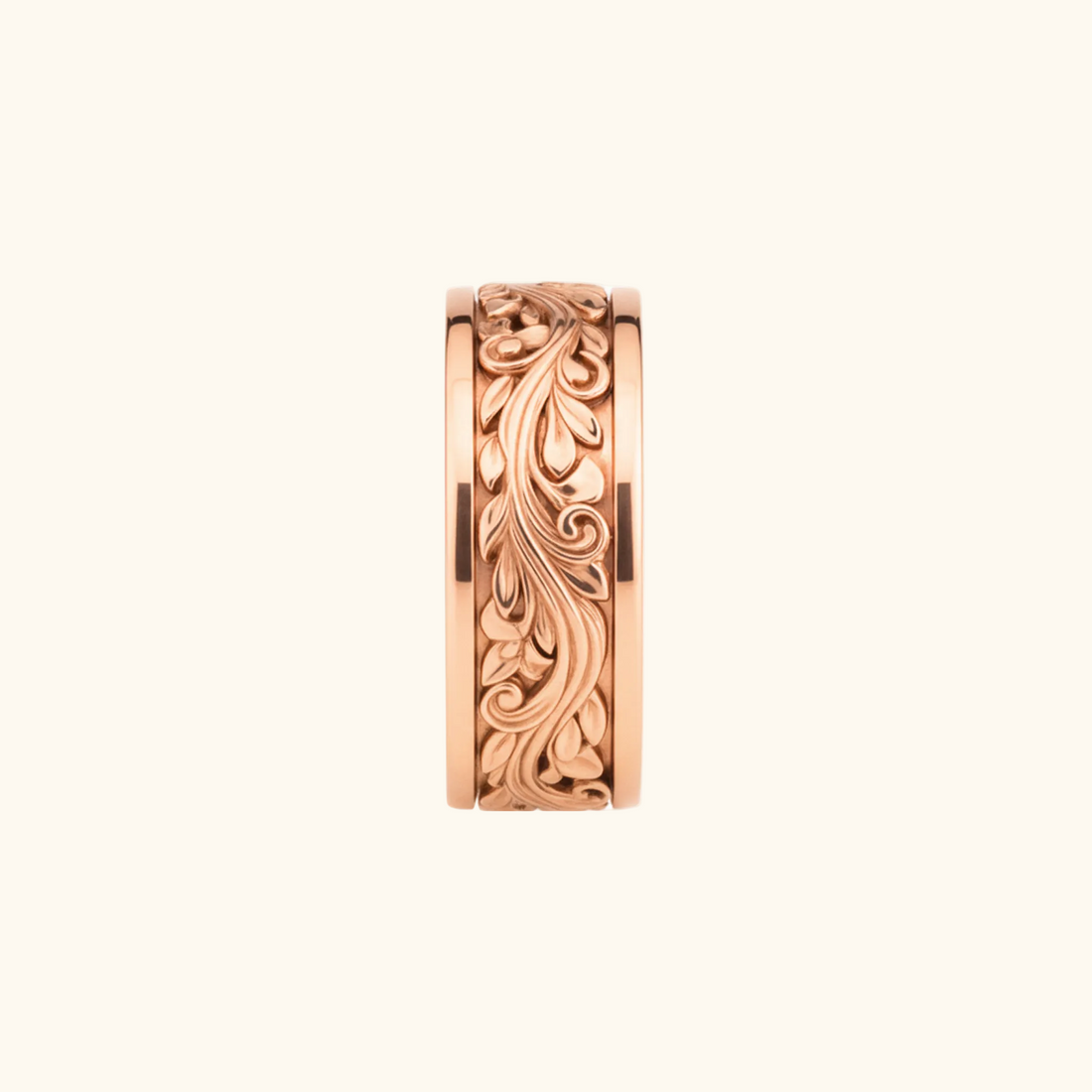 Verona band in rose gold with an intricate, raised floral scrollwork pattern, shown against a plain white background.

variant: rose-gold