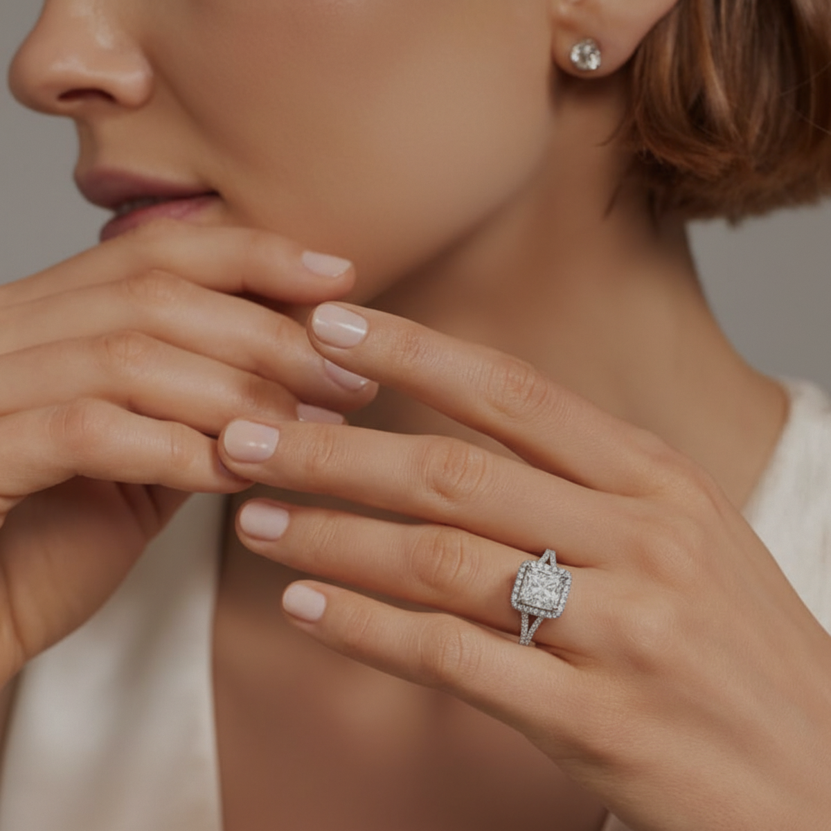 A close-up lifestyle shot of a woman wearing a square-cut diamond engagement ring on her finger, with her hands near her face against a soft gray background.