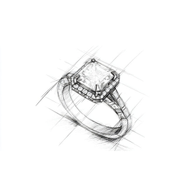 A black and white sketch illustration of a ring with a square gemstone and a band accented by small side stones, shown on a plain white background.