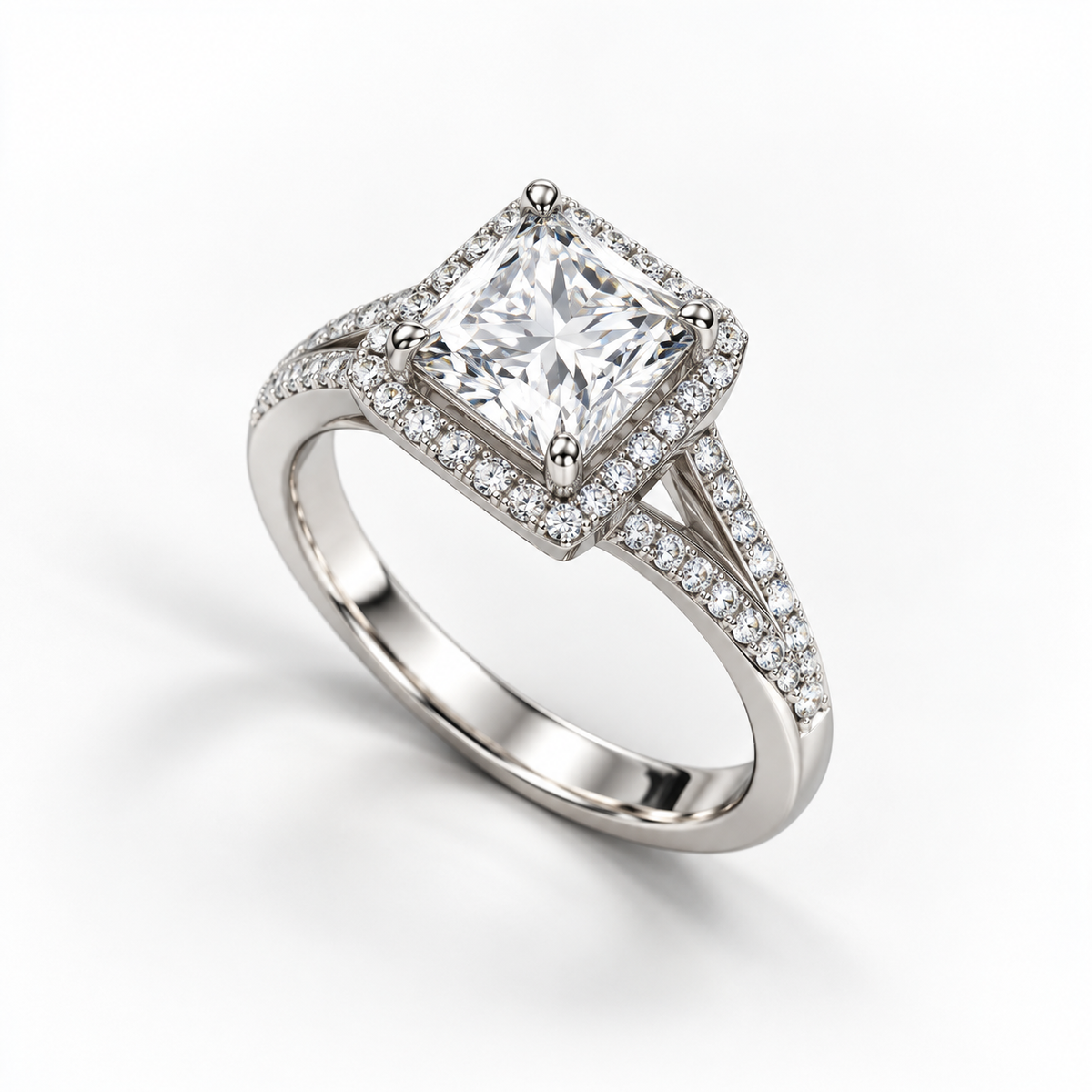 A radiant cut diamond engagement ring in a silver-colored metal setting, featuring a halo of small diamonds and a split shank, shown on a clean white background.