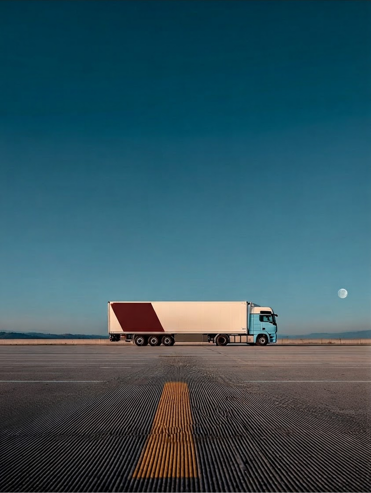 A long semi-truck with a cream and burgundy cargo box sits on an empty paved road under a large blue sky, with a yellow center line leading into the distance and a moon visible in the sky.